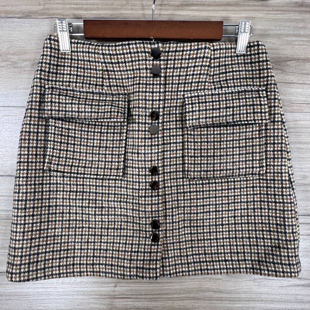 ASTR the Label Hazelnut Plaid Wool Blend Button Front Mini Skirt w/ Pockets Med